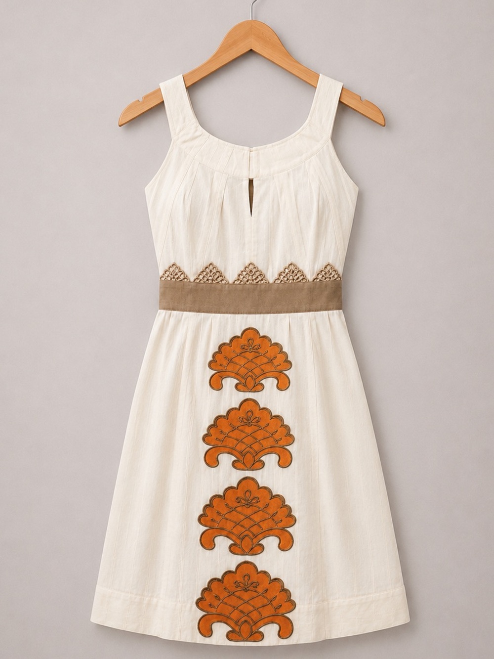 Floreat Anthropologie Vintage Cream Art Nouveau Appliqué Midi Dress Size 4 - Picture 1 of 13